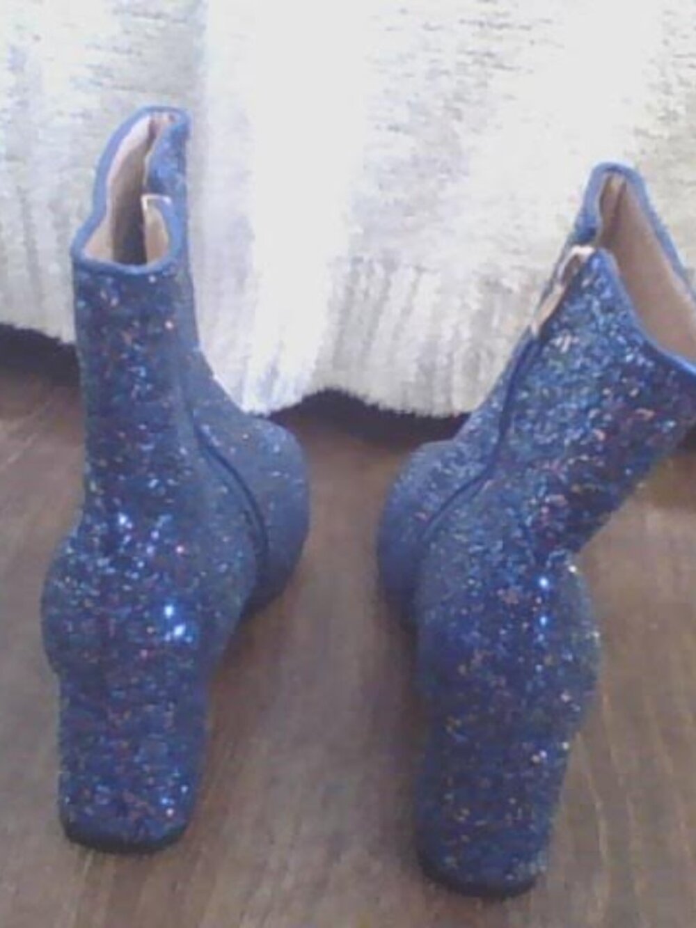 Blue Glitter Pointed Toe Chunky Heel Ankle Boots - Picture 6 of 9